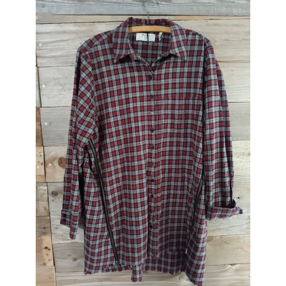 One Teaspoon Oversized Flannel Tunic Dress Plaid Frayed Hem Side Zippers Grunge